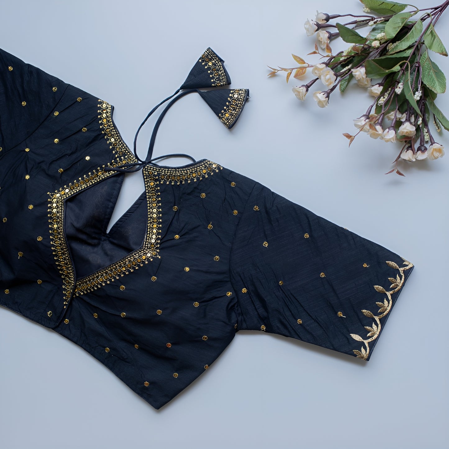 Solid Embroiderd Readymade Fitted V Neck Blouse Piece Vichitra Silk Half Sleeves Saree Blouse For Women