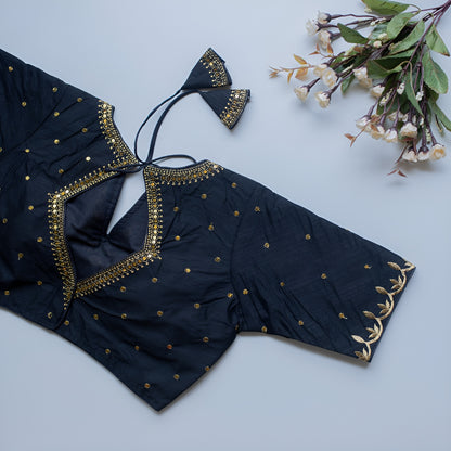 Solid Embroiderd Readymade Fitted V Neck Blouse Piece Vichitra Silk Half Sleeves Saree Blouse For Women