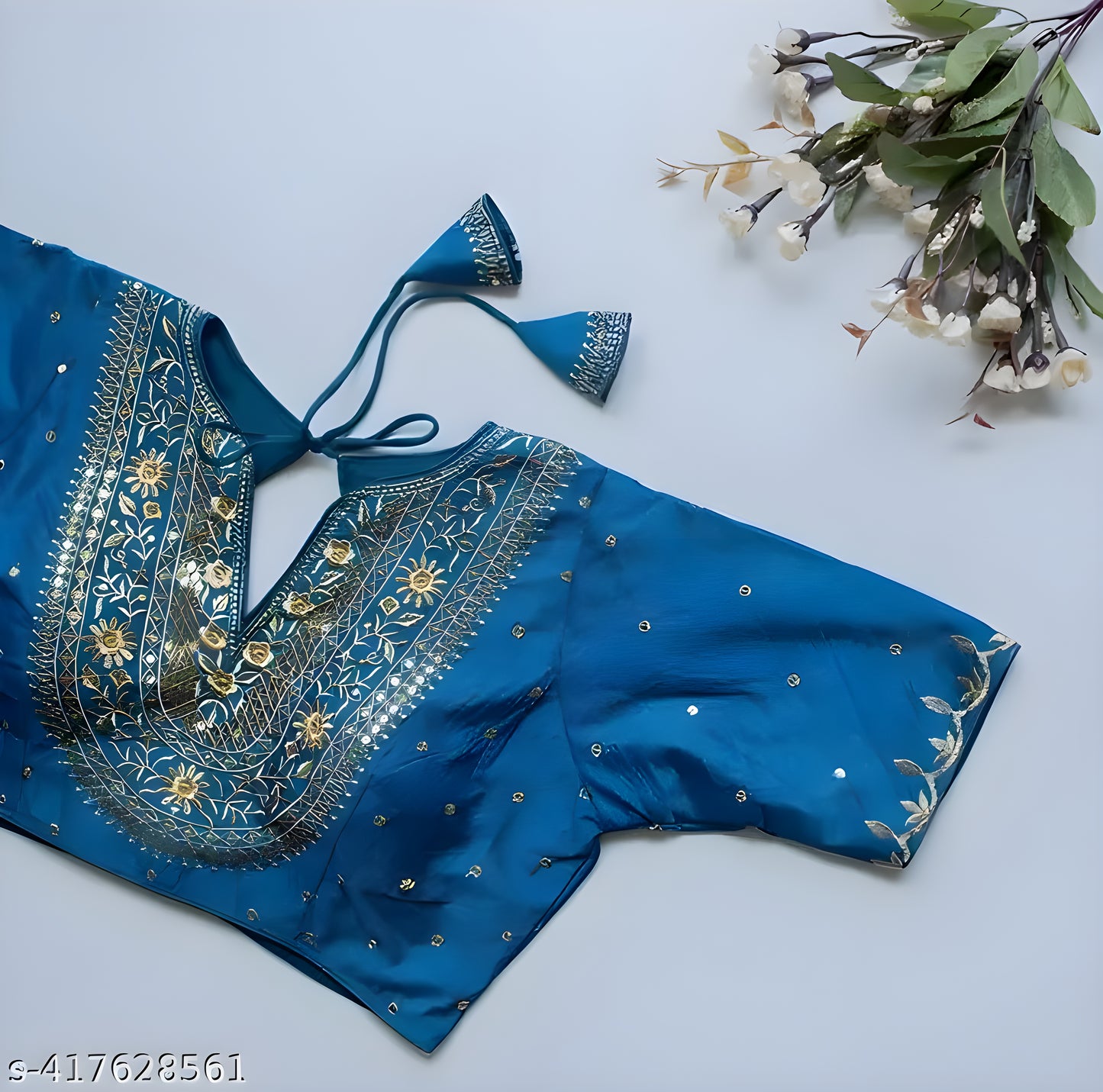 Solid Embroiderd Readymade Fitted V Neck Blouse Piece Vichitra Silk Half Sleeves Saree Blouse For Women