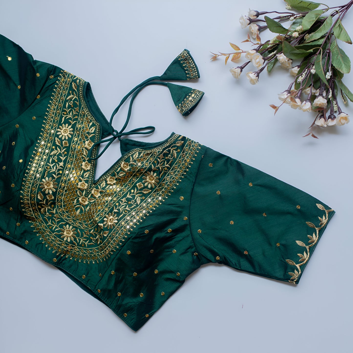 Solid Embroiderd Readymade Fitted V Neck Blouse Piece Vichitra Silk Half Sleeves Saree Blouse For Women