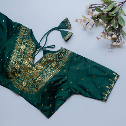 Solid Embroiderd Readymade Fitted V Neck Blouse Piece Vichitra Silk Half Sleeves Saree Blouse For Women