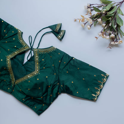 Solid Embroiderd Readymade Fitted V Neck Blouse Piece Vichitra Silk Half Sleeves Saree Blouse For Women