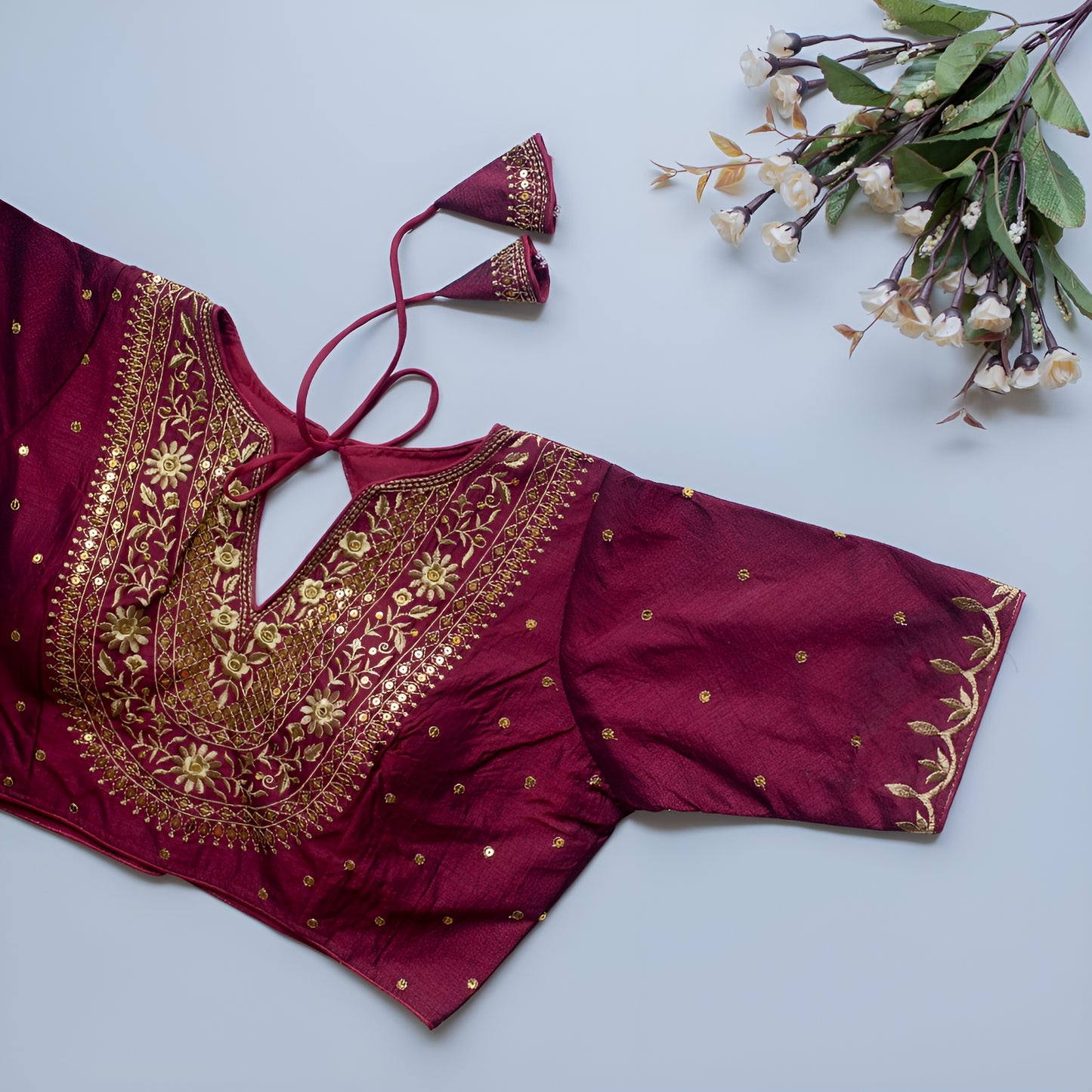 Solid Embroiderd Readymade Fitted V Neck Blouse Piece Vichitra Silk Half Sleeves Saree Blouse For Women