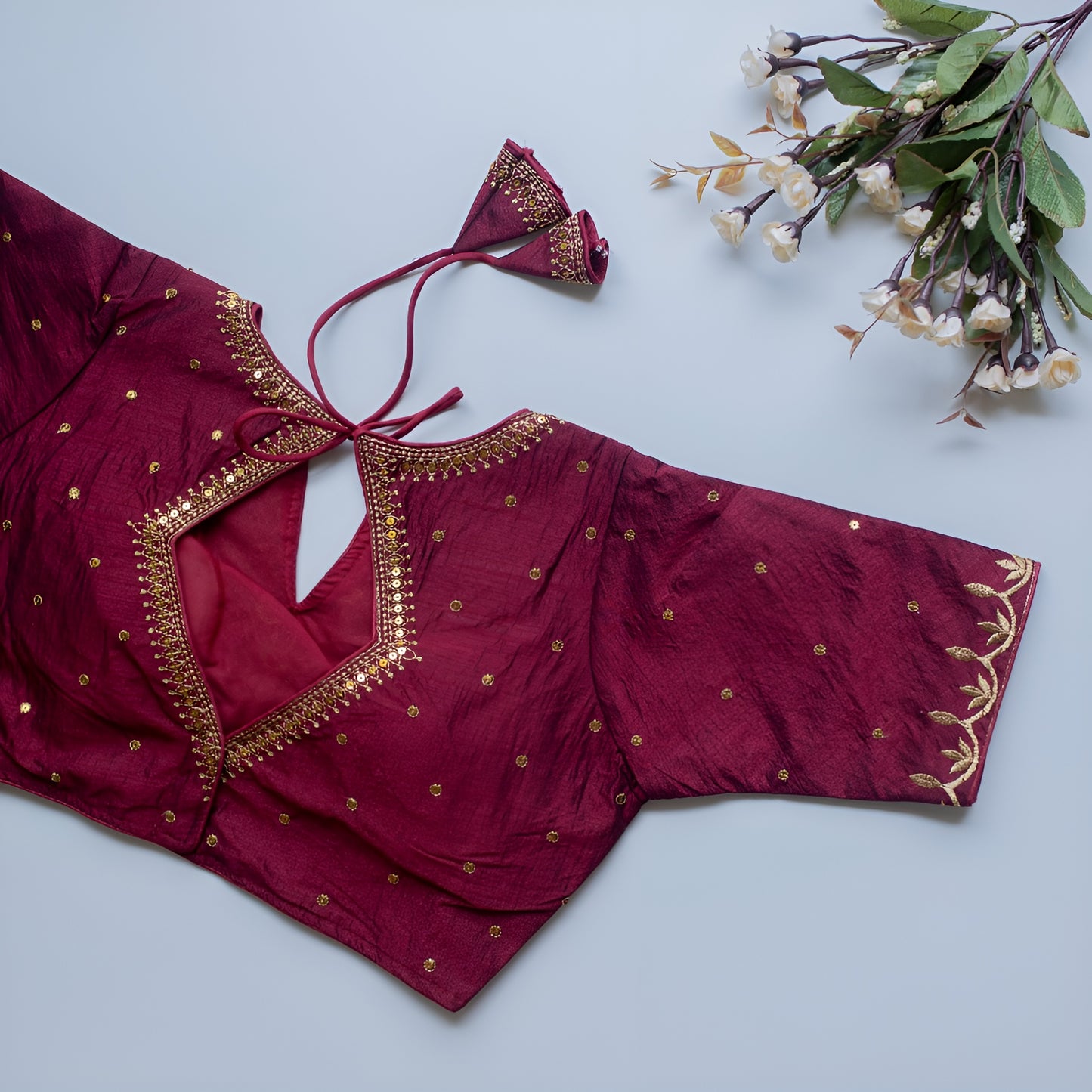 Solid Embroiderd Readymade Fitted V Neck Blouse Piece Vichitra Silk Half Sleeves Saree Blouse For Women