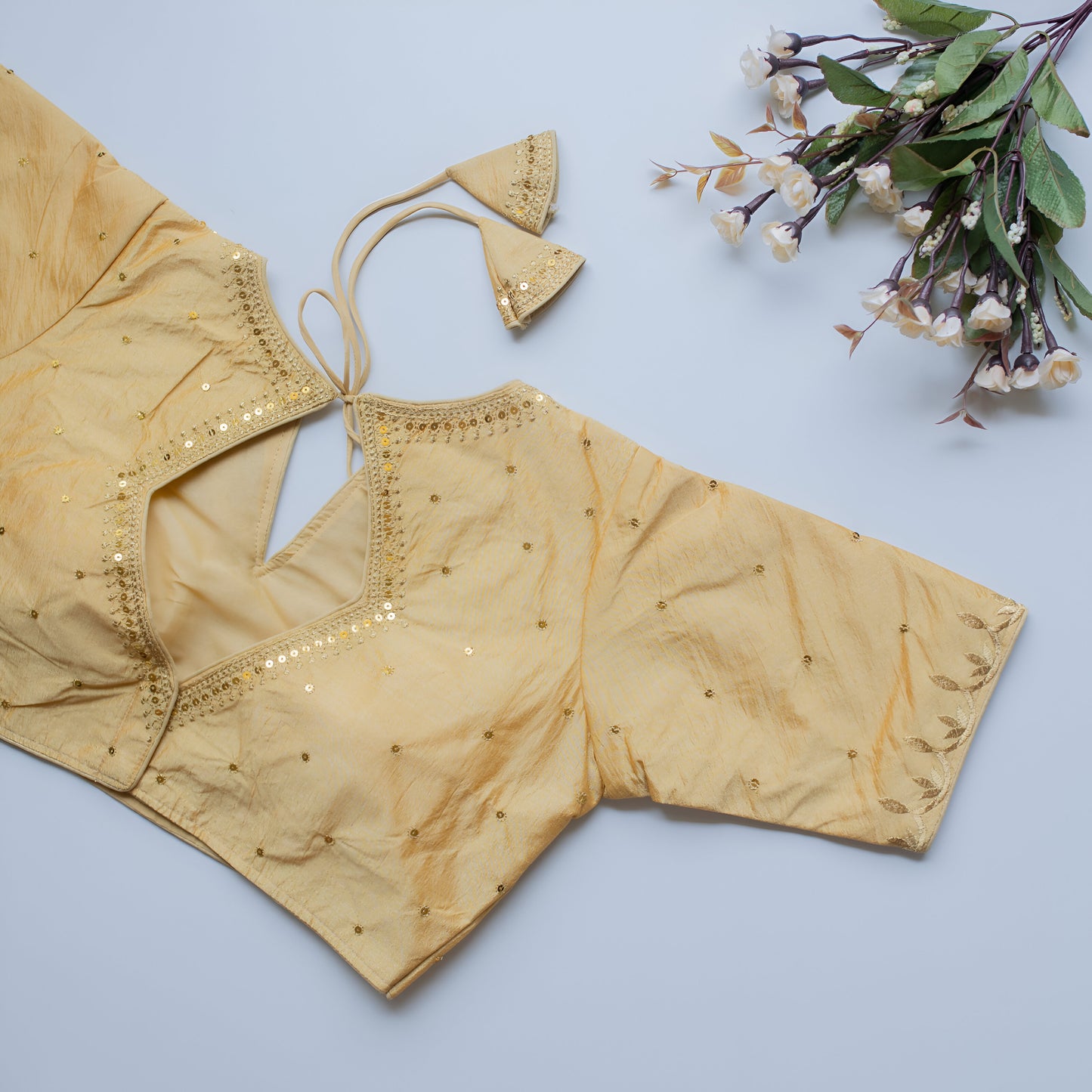 Solid Embroiderd Readymade Fitted V Neck Blouse Piece Vichitra Silk Half Sleeves Saree Blouse For Women