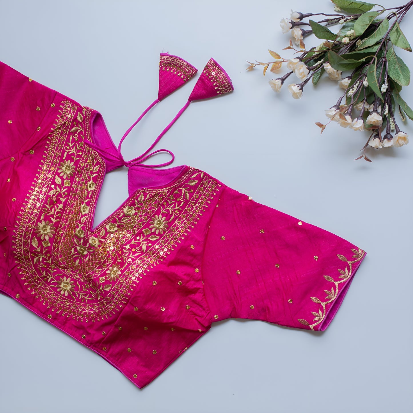 Solid Embroiderd Readymade Fitted V Neck Blouse Piece Vichitra Silk Half Sleeves Saree Blouse For Women