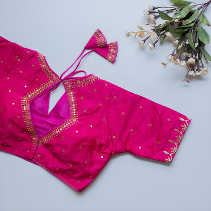Solid Embroiderd Readymade Fitted V Neck Blouse Piece Vichitra Silk Half Sleeves Saree Blouse For Women