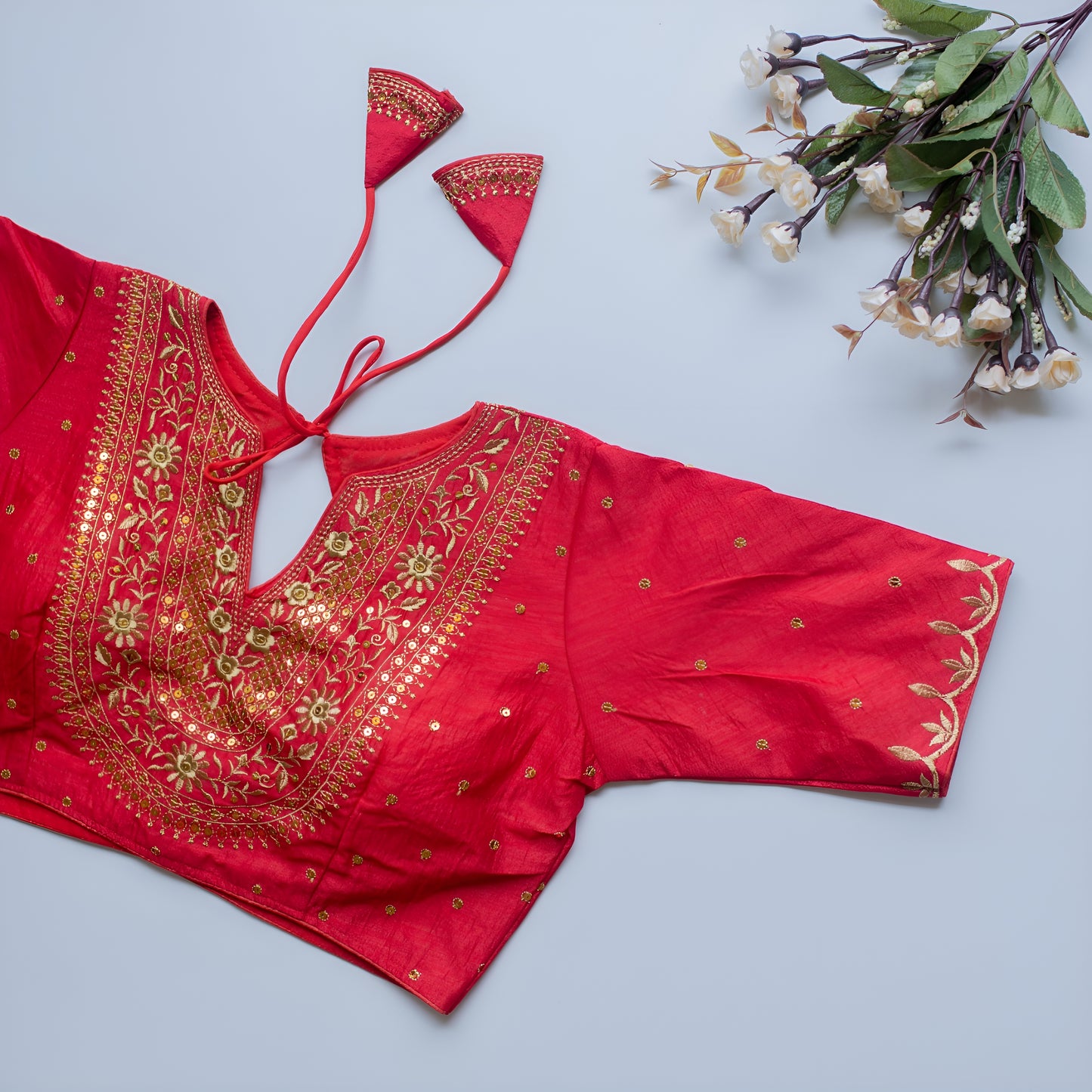 Solid Embroiderd Readymade Fitted V Neck Blouse Piece Vichitra Silk Half Sleeves Saree Blouse For Women
