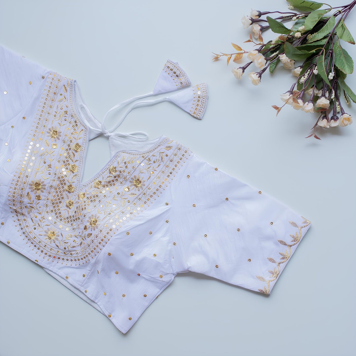 Solid Embroiderd Readymade Fitted V Neck Blouse Piece Vichitra Silk Half Sleeves Saree Blouse For Women