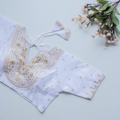 Solid Embroiderd Readymade Fitted V Neck Blouse Piece Vichitra Silk Half Sleeves Saree Blouse For Women