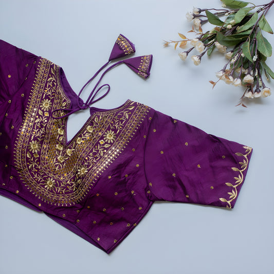 Solid Embroiderd Readymade Fitted V Neck Blouse Piece Vichitra Silk Half Sleeves Saree Blouse For Women
