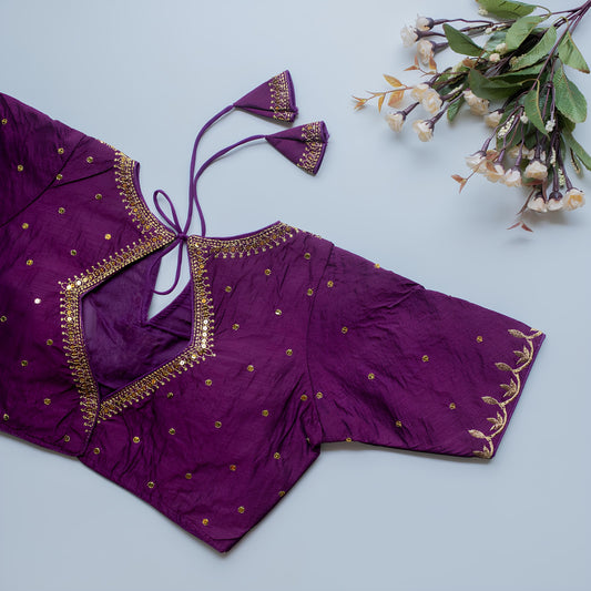 Solid Embroiderd Readymade Fitted V Neck Blouse Piece Vichitra Silk Half Sleeves Saree Blouse For Women