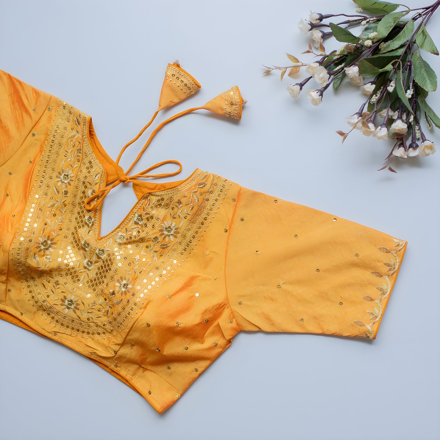 Solid Embroiderd Readymade Fitted V Neck Blouse Piece Vichitra Silk Half Sleeves Saree Blouse For Women
