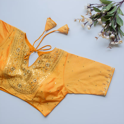 Solid Embroiderd Readymade Fitted V Neck Blouse Piece Vichitra Silk Half Sleeves Saree Blouse For Women